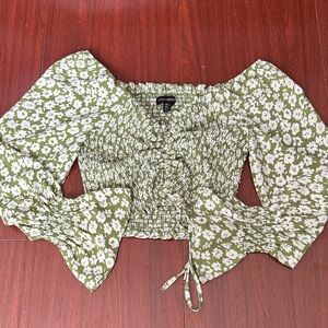 SHEIN Olive Floral Smocked Blouse